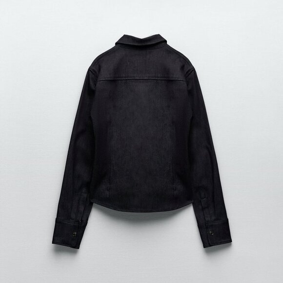 Dark Denim Zara Snap-Front Woven Long Sleeve Jean Top (NWT) - Picture 5 of 7